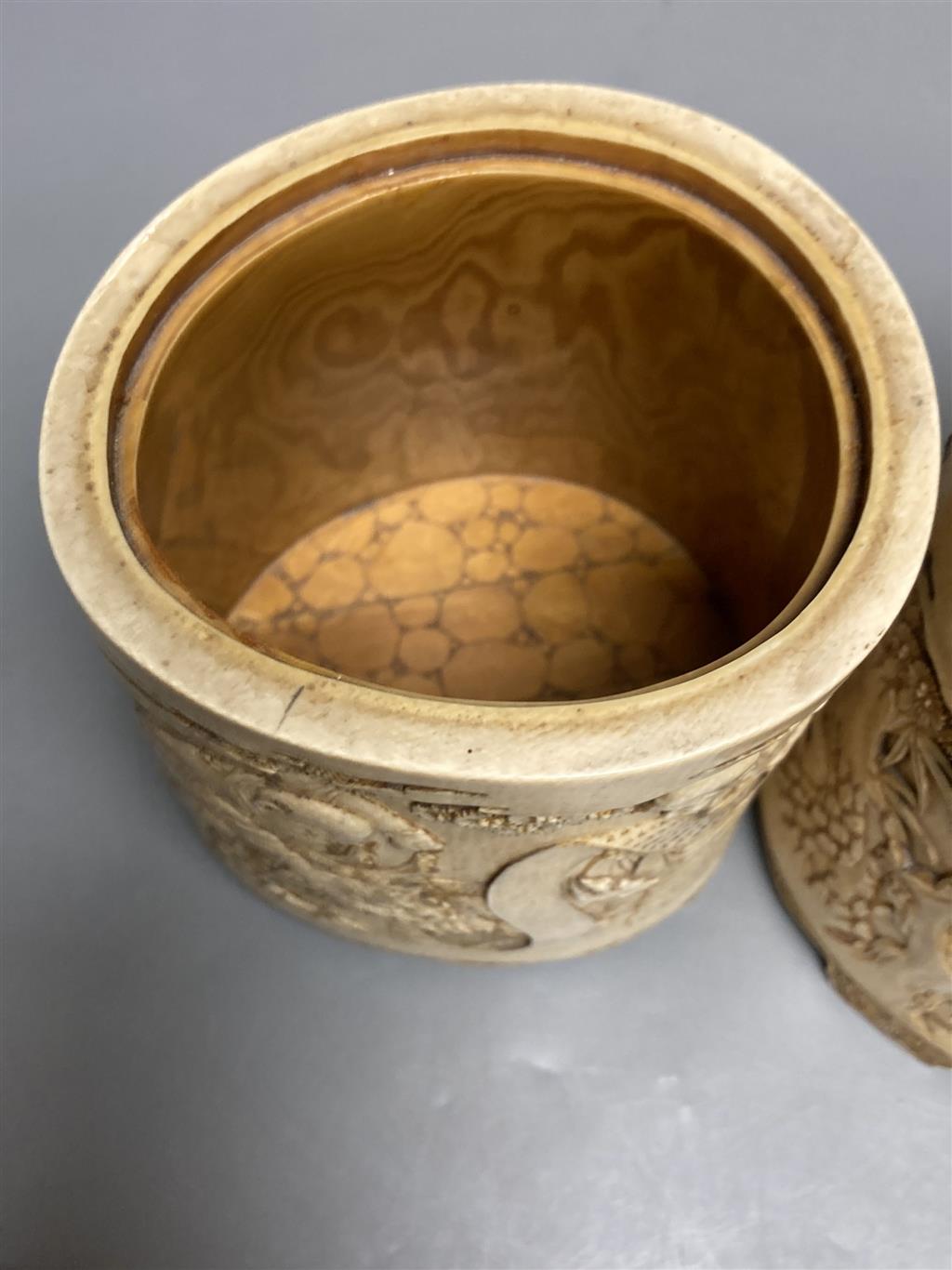 A pair of 19th century Chinese finely carved ivory lidded pots, 12.5cm high and Japanese ceramics